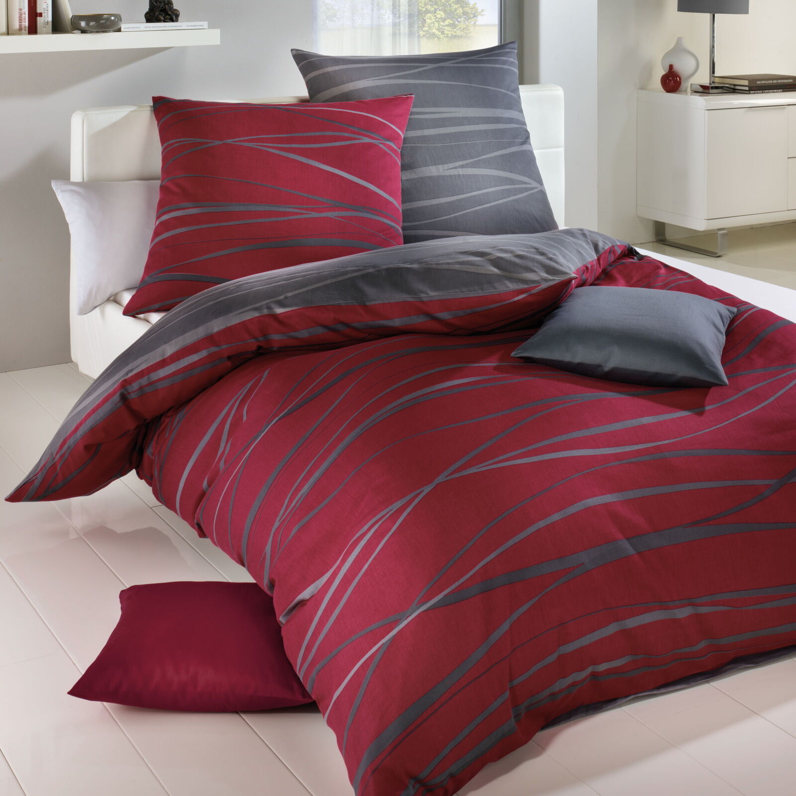 Mako Satin Bettwäsche Rot Wellen